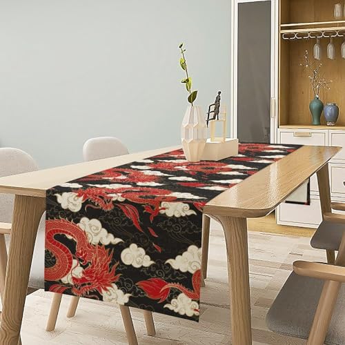Chinese Dragon Table Runner, Aisa Mythological Abstract Art Print Table Runner for Kitchen Dining Wedding Party Holiday 13x36in - color: Aisa-1, size: 13x36in