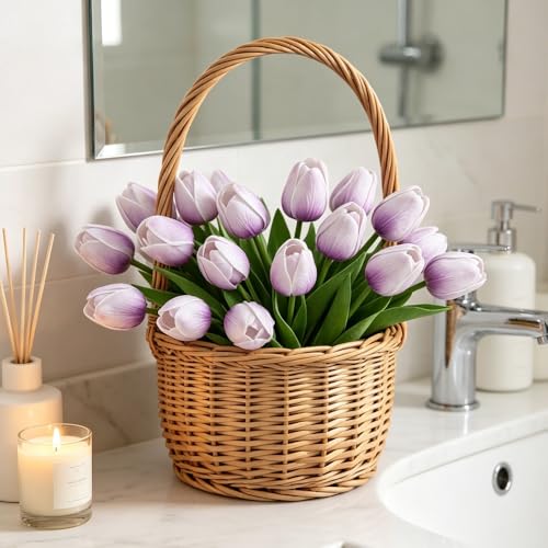 Artificial Tulips 10Pcs Real Touch Fake Tulips PU Flower Arrangement Bouquets for Home Party Decoration (Purple) - color: Purple