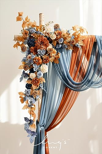 Ling's moment Fall Wedding Arch Flowers with Sheer Drapes Kit - Artificial Orange and Navy Blue Floral Arrangements for Ceremony Backdrop, Arbor Decor, 5-Piece Set (2 Flower Stems + 3 Hanging Drapes) - color: Or-russet Orange & Denim Blue