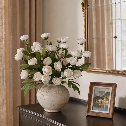 12 PCS 27"Artificial Peony Branches, Realistic Silk Peonies Stems(Cream) | Easy DIY Styling, Plump and Delicate, Look Real Faux Flowers, for DIY Bouquet/Vase/Table Centerpieces/Farmhouse/Home Decor