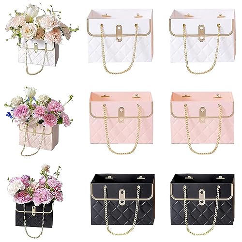 NADUSEP 6pcs Flower Paper Gift Box, Bouquet Storage Bucket Florist Handbag with Metal Chain Gift Case, Flower Boxes for Arrangements Wedding Valentine's Mother's Day Birthday Bridal Shower Graduation Anniversary Thanksgiving Christmas - color: Black Pink