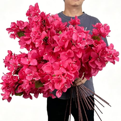 Pack of 16 - Artificial Bougainvillea Flower Stems Silk Long Branches Full Blossoms for Home Wedding Table Centerpiece Event Backdrop Indoor Outdoor Decorations - color: Deep Pink - Pack of 16