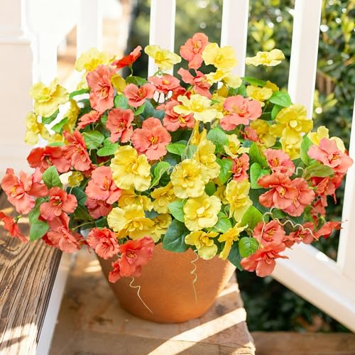 Fake Hibiscus Artificial Flowers for Outdoors Spring Summer Decoration, 6 Bundles Silk Hibiscus Flowers Bouquet UV Resistant Look Real Faux Plants for Outside Planter Front Door Porch Balcony, 2MixHC - color: 2mixhc