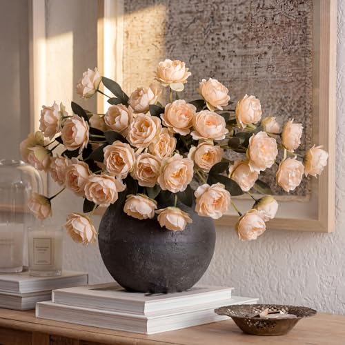 6 Pcs 32" Large Light Brown Artificial Peonies Stems Flowers, Real Look Faux Silk Peony Bouquet 42 Heads Total for Vase Filler, Farmhouse Rustic Neutral Home Decor, Wedding Centerpieces - color: Creamy Orange