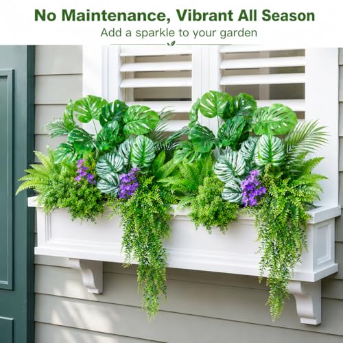 Tall Artificial Greenery Outdoor Faux Plants Hanging Ferns,10Bundles Faux Shrubs Fake Monstera Palm Boston Fern Plants for Outdoor Planters, Realistic UV Resistant Tropical Leaves for Window Box - color: Purple Green01