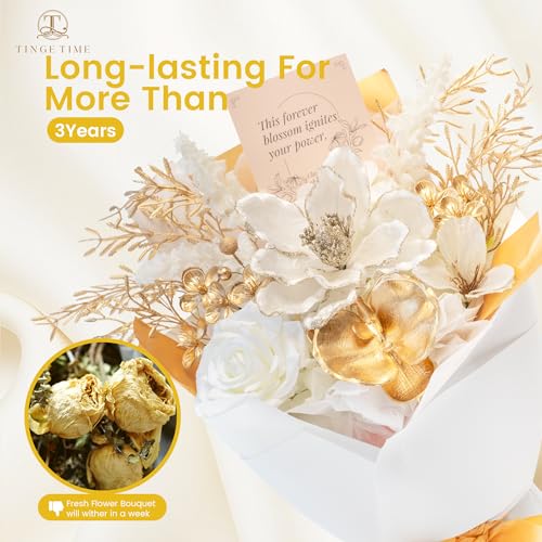 TINGE TIME Preserved Flowers Bouquet, Platinum Faux Rose Bouquets, Eternal Roses Bouquet for Wedding, Table Centerpieces, Mothers Day, Birthday Gifts, Anniversary, Graduation(White & Gold) - color: Platinum