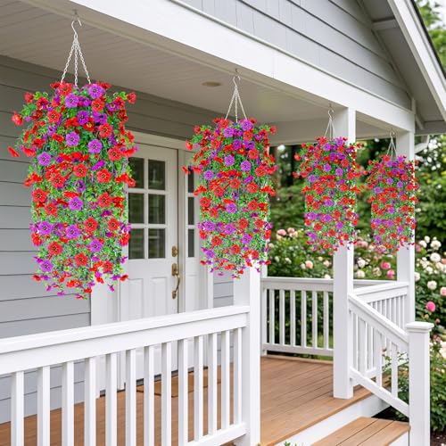 IDEVER Artificial Hanging Flowers for Outdoors Decor Silk Fake Hanging Plants No Fade Realistic Flowers for Garden Porch Balcony Ceiling Wedding Party Summer Spring Home Decor(4PCS Light Purple-Pink) - color: 4pcs Light Purple-pink