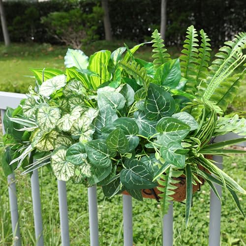 Starttag Artificial Greenery Plants Fake Plastic Leaves with Stems UV Resistant Large Bunches Outside Faux Plants Bushes for Outdoor Patio Garden Front Porch Yard Decor (Green)