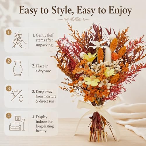 17" Dried Flower Bouquets, 100% Natural Dried Flowers with Dried Daisy,Dried Baby Breath,Eucalyptus,Orange Dried Flowers Decor for Vase Rustic Boho Home Decor,Party Fall Decor for Wedding Gift - color: Orange Daisy B