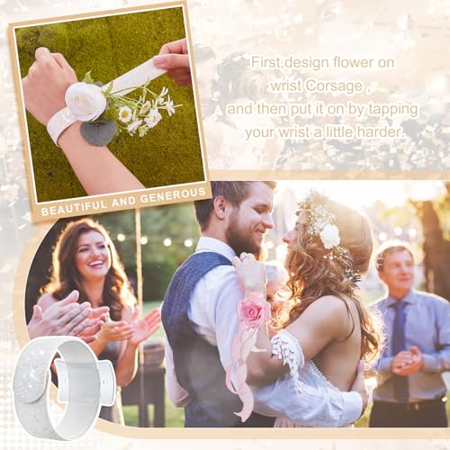 18 Pieces Corsage Wristlet Bracelets Slap Corsage Band Floral Slaplets Wedding Bracelets DIY Wrist Accessories Bridesmaid Bridal Shower Prom Party Supplies Homecoming(White) - color: White