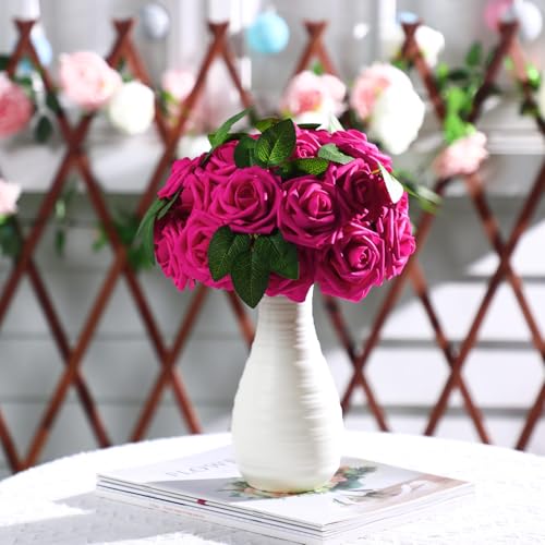 50 Pcs Artificial Foam Rose Flower Faux Bouquet Wedding Fake Rose Gift for Mother's Day Women DIY Bridal Shower Party Table Birthday Home Spring Decor (Hot Pink) - color: Hot Pink