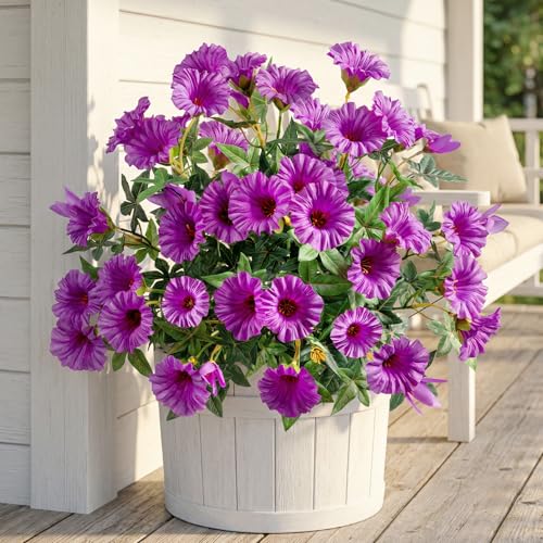 Purple Artificial Morning Glory Flowers for Outdoor Planters, Premium UV Resistant Silk Faux Flowers for Porch, Hanging Basket & Window Box, Cottage Garden Decor, No Pot, 13.3 Inch, 4 Bundles - color: Dark Purple 4pcs