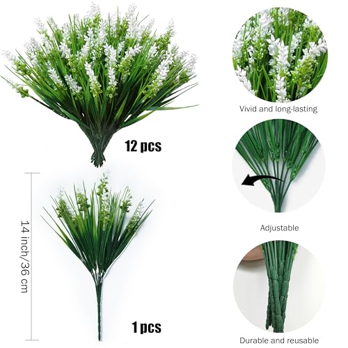 12 Bundles Artificial Plants Outdoor Fake Monkey Grass UV Resistant Faux Plans with White Fake Flowers Greenery Shrubs for Front Porch Yard Pathway Garden Spring Summer Décor Outside Indoor (white). - color: White