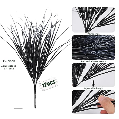 Black and White Plants Halloween Faux Flowers,Artificial Onion Grass Fake UV Resistant Outdoor Shrubs Plants Flowers Greenery Stems Faux Wheat Grass for Garden Home Window Box Porch Decor(Black White) - color: Black White Grass