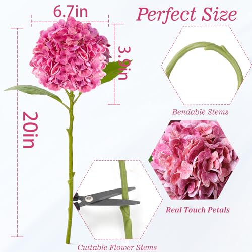 20" 4Pcs Faux Hydrangea Flowers Real Touch Fake Hydrangeas Bouquet Hydrangea Artificial Flowers with Leaves Stems for Centerpiece Arrangements Wedding Party Home Décor (Rose Red) - color: Rose Red