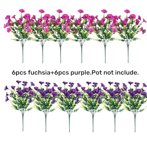 HyeFlora Artificial Flowers for Outdoors Fake Plants Outside Decoration, 12 Bundles Silk Colorful Morning Glory with Eucalyptus UV Resistant Realistic Faux Flowers for Planter Porch Patio Yard Garden - color: Purple Fuchsia