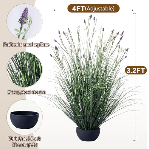 Lifelike Fake Lavender Faux Plastic plantas Synthetic Pampas Grass Indoor Outdoor Realistic Floor Plants Artificial Tall Grass Plant for Home Office Wedding Patio Front Decor Housewarming Gift - color: Artificial Feather Grass, size: 3.2FT