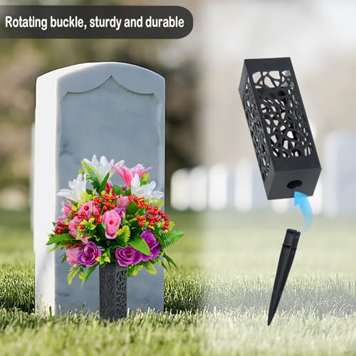 Set of 2 Artificial Cemetery Flowers, Artificial Rose Lily Grave Memorial Flowers with Black Plastic Vase for Cemetery Headstones Gravesite Decoration
