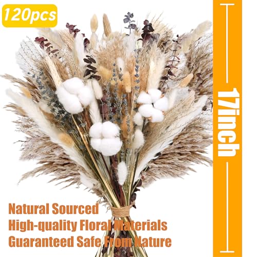 120Pcs Natural Dried Cotton Flower Bouquet - 17'' Boho Pampas Grass, Lavender, Cotton Stems, Bunny Tails, Eucalyptus & Wheat - Rustic Boho Farmhouse Decor for Vase, Wedding, DIY Crafts