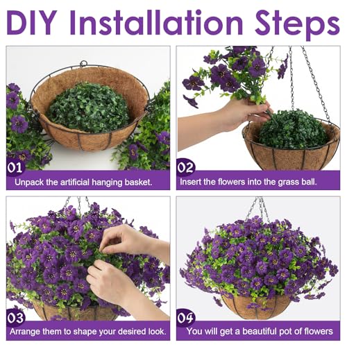 Hananona 2 Set Artificial Outdoor Flowers with Hanging Basket, 2 Hanging Planters with 24 Pcs Flowers for Spring Summer Front Porch Garden Patio Home Decor (2, Purple) - color: Purple