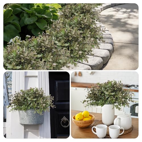 6 Bundles Artificial Greenery Stems, 14.5" Fake Lucky Bamboo Leaves Faux Outdoor Plants UV Resistant Plastic Shrubs for Outside Home Room Garden Patio Front Porch Farmhouse Pathway Indoor Decorations - color: Dark Green