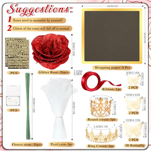 Thiccywoov 36 Pcs Glitter Roses Bouquet Graduation Artificial Rose DIY Flower Bouquet Kit Flower Wrapping Paper 3D Butterflies Crowns for Mom Mother Teacher Birthday (Red) - color: Red