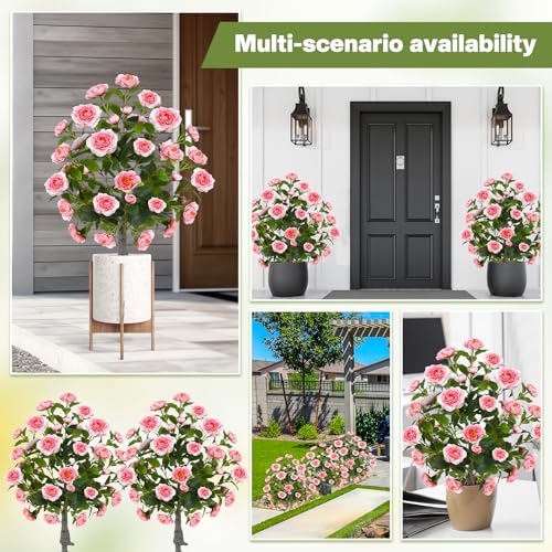 Lunmon 2 Pack 3ft Artificial Camellia Plants Tree 36" Faux Camellia Flower with Spike UV Resistant Realistic Fake Floral Blooming Bush for Indoor Outdoor Front Door Porch Backyard Garden, Pink - color: Pink, size: 3 ft