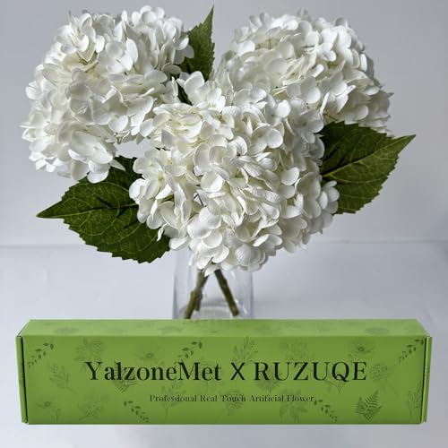 YalzoneMet 3 PCS White Hydrangea Artificial Flowers 21 inchs Real Touch Faux Hydrangea Flowers for Wedding Tables Centerpieces Fake Flowers for Party Home Kitchen Decor - color: White