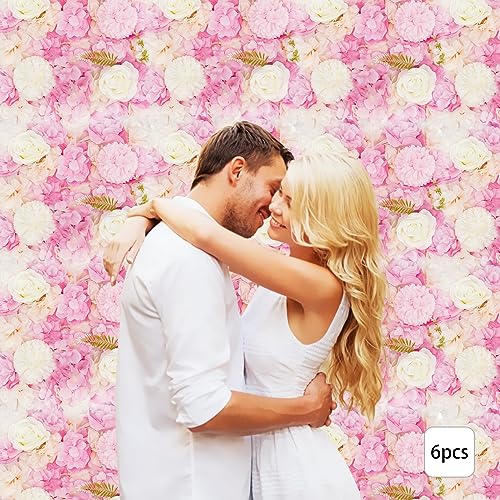 Artificial Flower Wall Panels, 6PCS Dahlia+Rose+Hydrangea Wedding Flower Wall, 3D Floral Panels Artificial Floral WallMat Flower Screen for Photo Party Wedding WallBackground Decor, White+Pink - color: 6 Pcs Pink+white