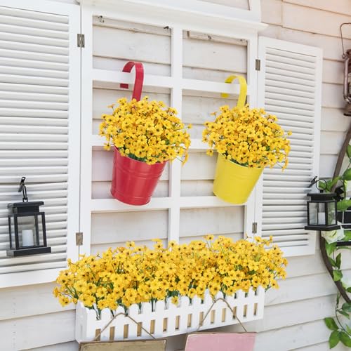Bassion 24 Bundles Artificial Flowers for Outdoors Decoration, UV Resistant Yellow Silk Fake Faux Flowers Artificial Plants for Outside Window Box Porch Garden Home Decor - color: Yellow