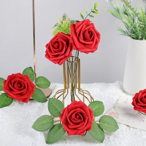 AmyHomie 25pcs Real Looking Artificial Red Roses w/Stem for DIY Wedding Bouquets Centerpieces Arrangements Party Baby Shower Valentines Day Christmas Tree Decorations - color: Red