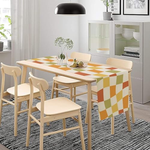 Retro Groovy Hippie Table Runner Vintage Twisted Geometric 1960s Sage Green Trendy Wavy Checkered Dinner Runner for Country Farmhouse Kitchen Birthday Party Holiday 36X13inch - color: Checkered-11, size: L36"x W13"