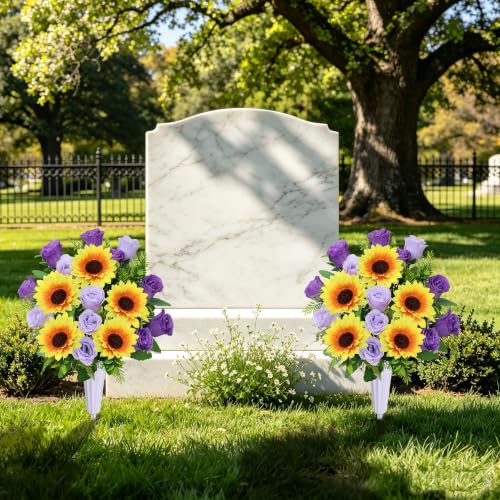Lodou Artificial Cemetery Flowers for Grave,Set of 2 Artificial Rose Sunflower Bouquet Graveyard Memorial Flowers for Outdoor Grave Decorations ﻿ (Purple) - color: Purple