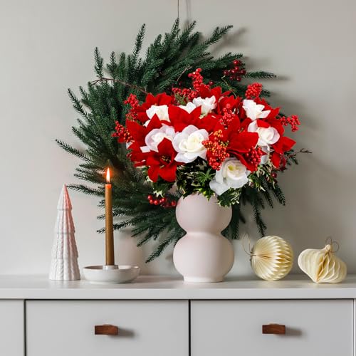 2 Pcs 20 Inch Artificial Red Poinsettia White Rose bouquet with Berry Pine Branch 12 Stems Velvet Faux Poinsettia Floral for Vases Wreaths Garland Indoor Outdoor Christmas Tree Home Decorations - color: Red