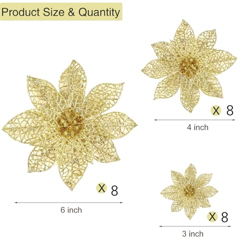 Wironlst 24 Pieces 3 Size Glitter Poinsettia Flowers Christmas Tree Ornaments, Glitzy Poinsettia Bushes Christmas Decorations for Xmas/Holiday/Seasonal/Wedding (Gold) - color: Gold