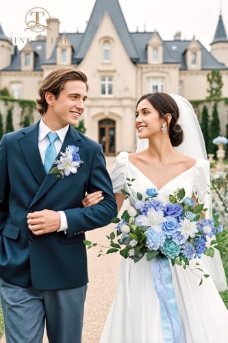 TINGE TIME 13 Inch Wedding Bouquets for Bride,Bridal Bouquet for Bride, Artificial Silk Flowers for Wedding Ceremony and Anniversary (Provence Blue) - color: Provence Blue