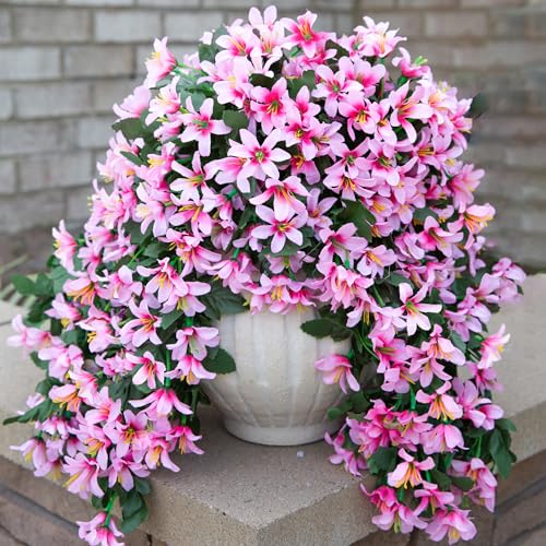 Ivydale Artificial Lily Flowers for Outdoors Fake Hanging Flower Vines for Outside Decoration, UV Resistant 2PCS Faux Plants for Patio Porch Balcony Garden Yard, Pink - color: Pink