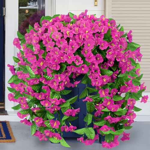 Artificial Hanging Flowers for Outdoors, 2 Pack Fuchsia Silk Morning Glory Fake Flowers UV Resistant Faux Petunias Hanging Artificial Plants Trailing Vines for Porch Garden Spring Summer Planter Decor - color: Fuchsia