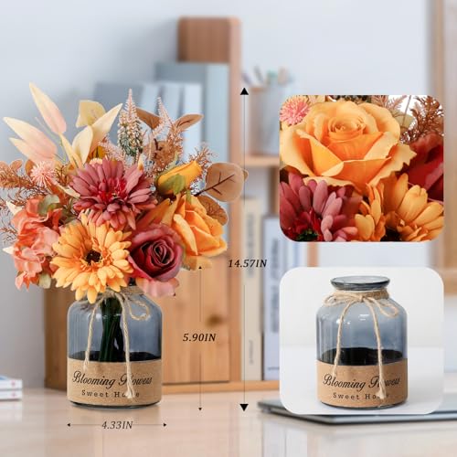 Leftover Fake Fall Flowers in Vase,Artificial Flowers with Vase,Centerpiece Table Decorations,Fall Centerpieces for Tables,Fall Kitchen Decor,Fall Flower Arrangements,Home Decor Living Room - color: Orange