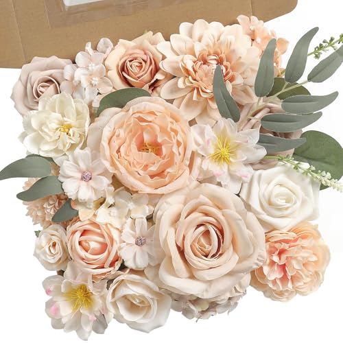 rongflower Nude Champagne Artificial Flowers Combo Set Fake Flower Leaf Box with Stemst for DIY Wedding Bridal Bouquet, Centerpieces, Home Decor, Floral Arrangement Decor - color: Nude Champagne