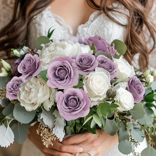 Felice Arts 12 Pack Purple Artificial Flowers with Stems Fake Flowers Bouquet Silk Roses for Wedding Table Vase Home Kitchen Party DIY Decor - color: Light Purple