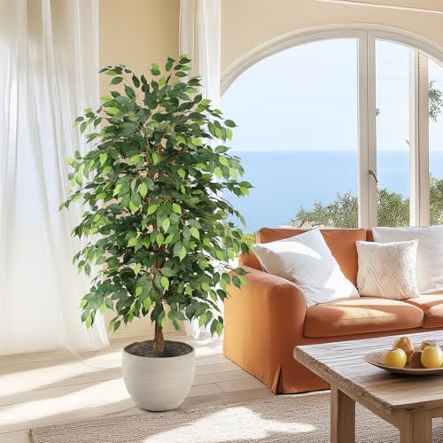 Ficus Tree Artificial 6ft, Tall Fake Tree with Realistic Leaves & Trunk, Artificial Tree for Home Office Living Room Decor Indoor Outdoor. - style: 6ft