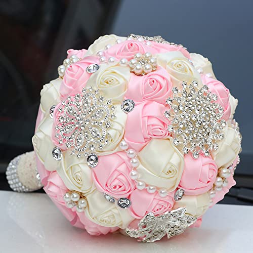 Sharebeauty 7.9 Inch Handmade Satin Rose Bridal Bouquet Toss Round Wedding Bouquet Throw Toss Artificial Flower Bunch Pink + Ivory - color: W3217d15 Pink/Ivory