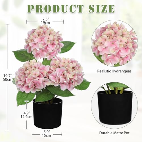 Hollyone Pink Hydrangea Artificial Flowers in Pot Large Silk Hydrangeas Flowers Fake Flowers Arrangements for Indoor Home Office Kitchen Table Centerpieces Wedding Decorations - color: Pink, size: 3 Head Hydrangea