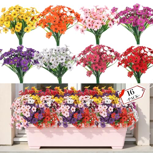 16 Bundles Artificial Flowers for Outdoors UV Resistant Faux Plastic Plants Fake Silk Flowers for Outside Garden Patio Porch Window Box Decoration