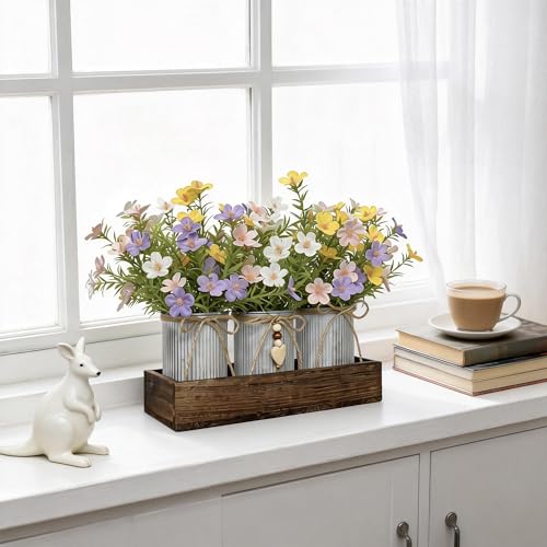 Artificial Gypsophila Baby's Breath, Rustic Table Centerpieces Home Decor for Dining Room, Farmhouse Wood Planter Box with 3 Galvanized Metal Pots Decorative Table Centerpiece - style: Milan Flowers