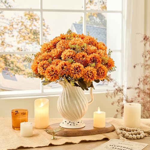 18 Heads Artificial Chrysanthemum Flowers Fake Mums Orange Ball Flowers Bouquet Silk Chrysanthemums Bouquet for Home Indoor Outdoor Table Centerpiece Vase Pots Wedding Decoration, 2 Pcs - color: Orange Chrysanthemum
