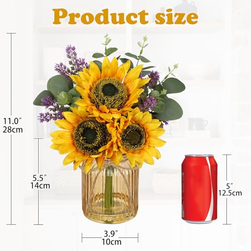 Oairse Fake Flowers in Vase, Sunflowers Artificial Flowers with Vase Sunflowers Centerpieces for Table Silk Flower Arrangement for Farmhouse Home Kitchen Bathroom Wedding Party Dining Room Decor - color: Yellow&amber Vase