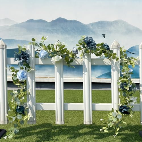 Artificial Flower Garland，6.5Ft Fake Dahlia Rose Flowers Garland Floral Eucalyptus Greenery Vine for Wedding Arch，Table Runner Centerpieces Backdrop Room Wall Hanging Plant Decor（Blue） - color: Blue