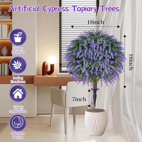 24" Artificial Lavender Topiary Ball Tree Set of 2, UV & Fade Resistant Faux Shrubs, Fake Evergreen Plants for Indoor Outdoor Porch Garden Decor - color: Lavender